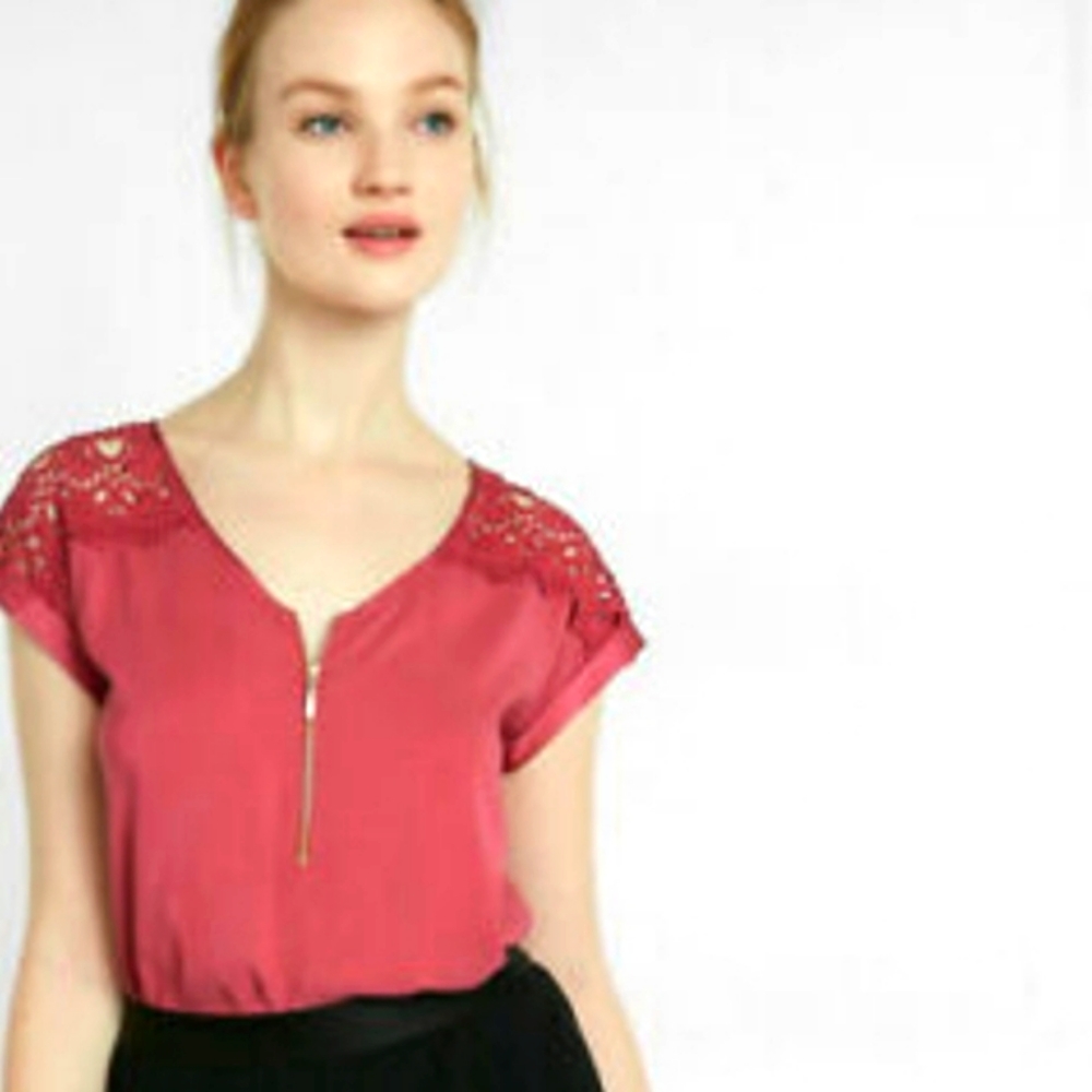Express lace yoke crochet silky zippered top